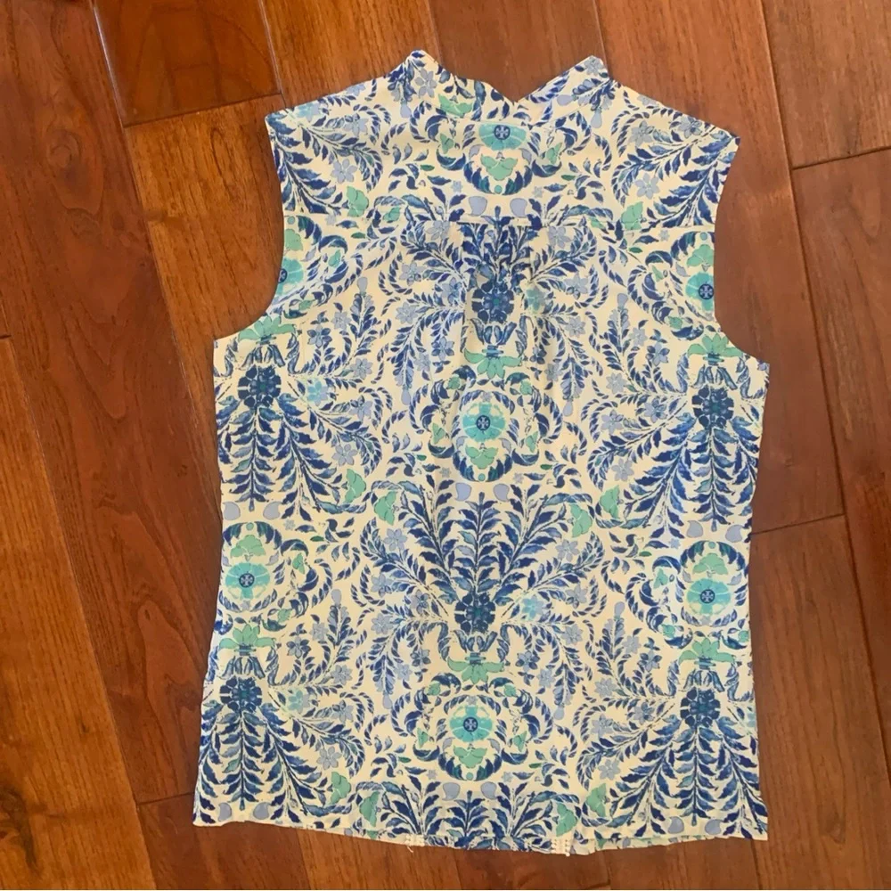 Tory Burch Top Size 2 Silk Floral Print Pompom Trim Button Up Blouse Blue White